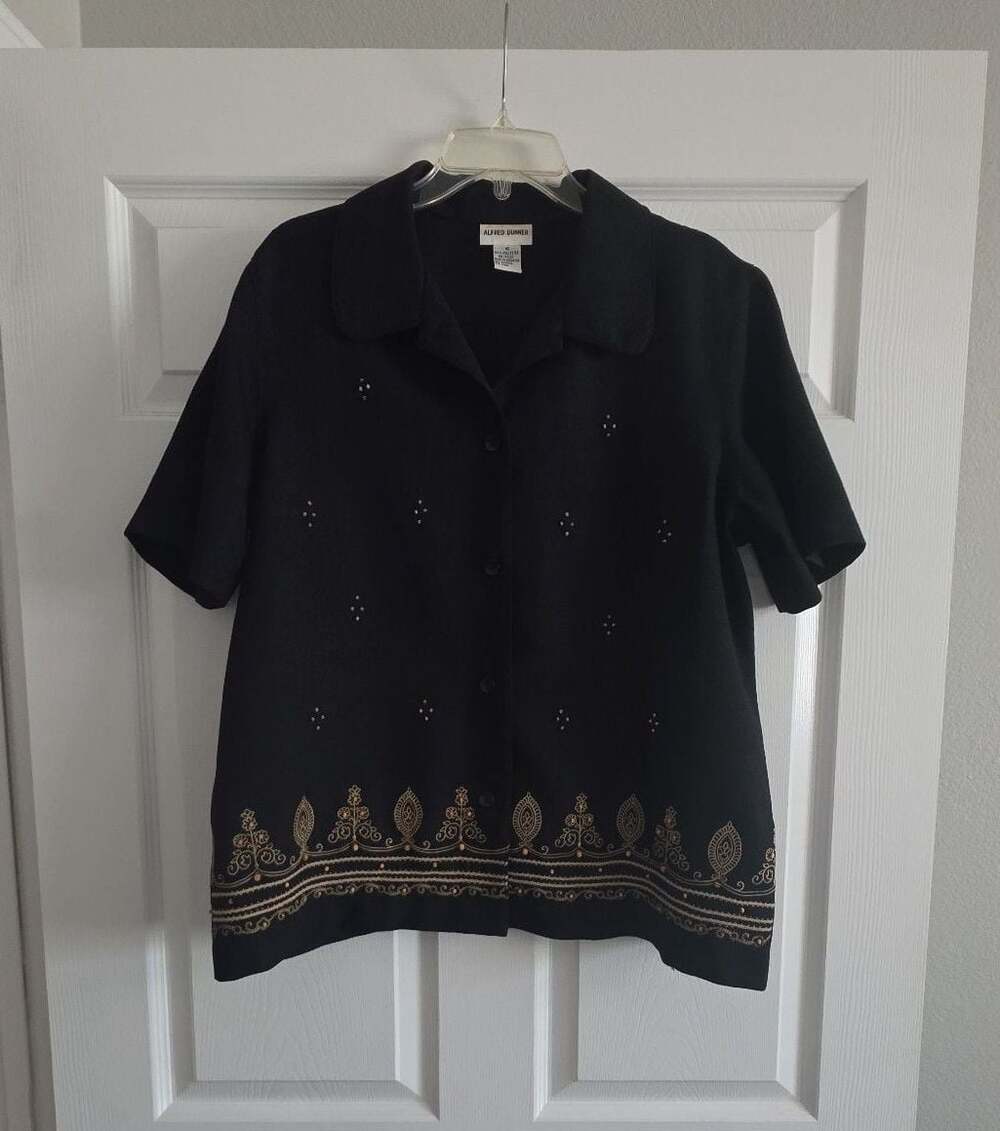 Alfred Dunner Vintage Black Embroidered Beaded Blouse Shirt Size 16 Grandmacore